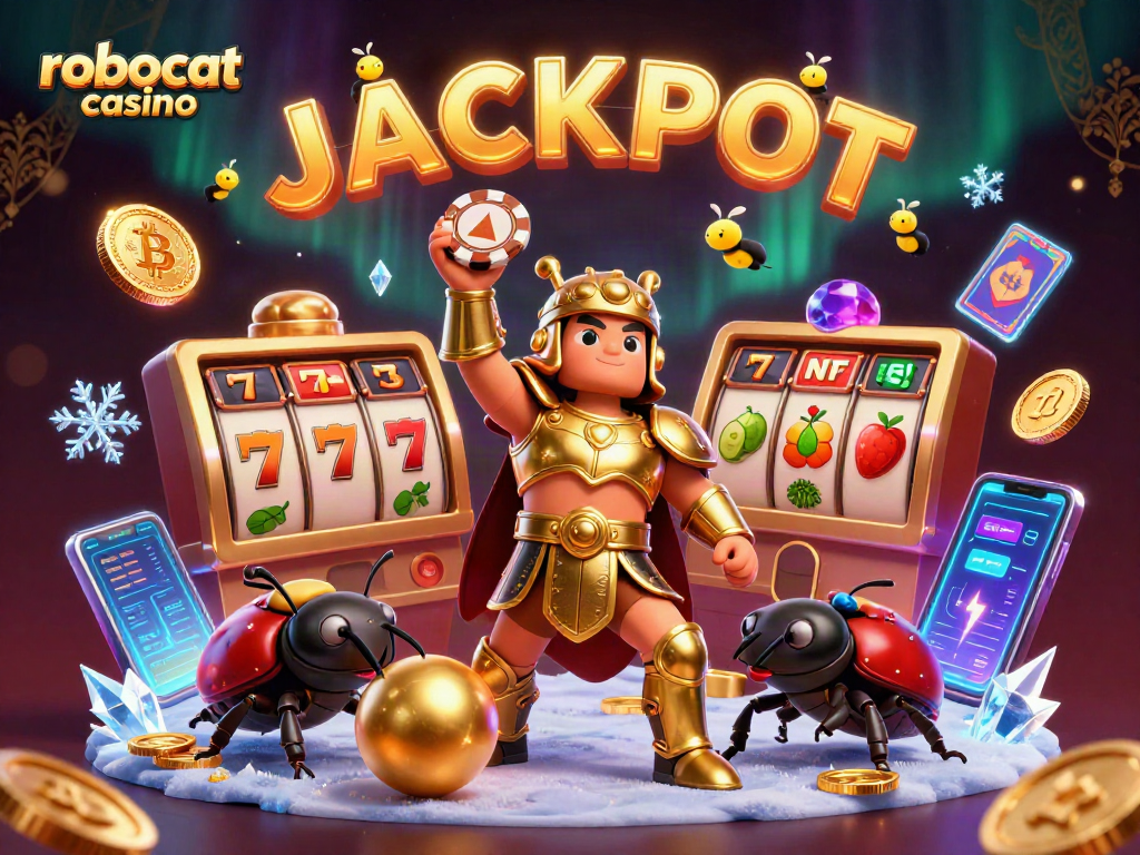 Experience winning excitement at robocat casino with vibrant 3D illustration of beetles celebrating a jackpot.