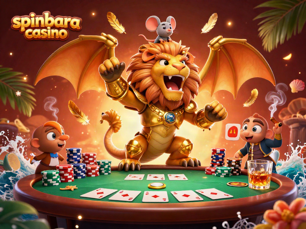 Experience the thrill of spinbara casino with a lion-headed chimera and poker elements in this vibrant illustration.
