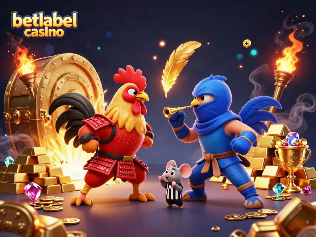 Engaging scene with betlabel casino featuring dynamic clash of samurai and ninja roosters amidst treasure.