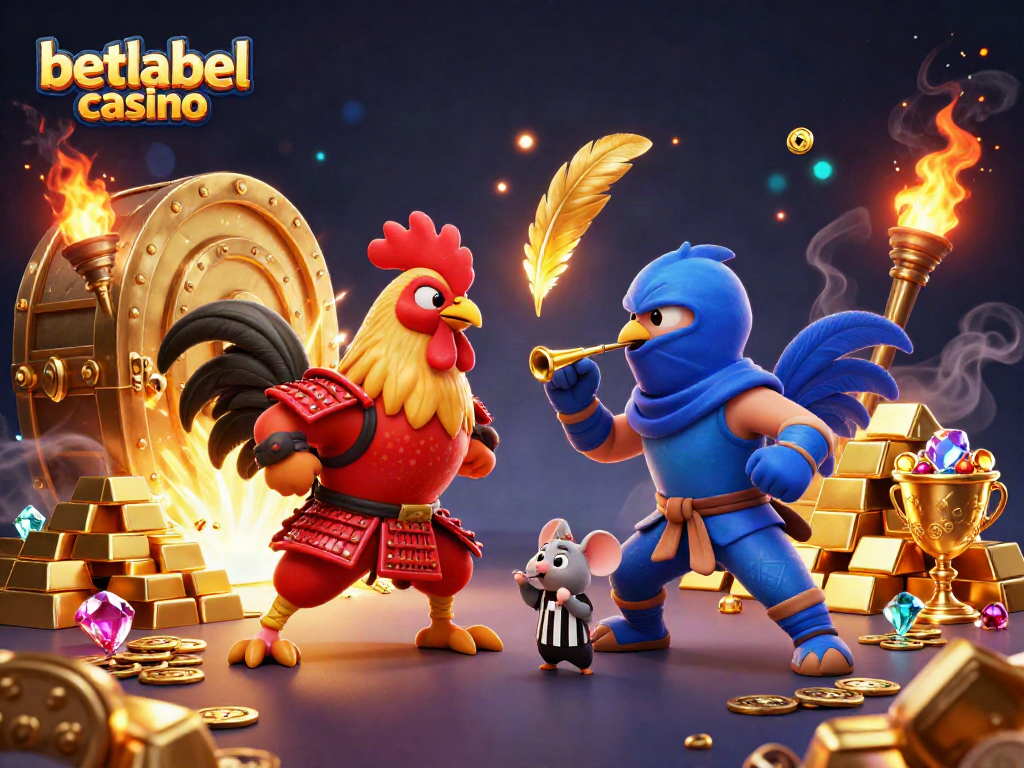 Engaging scene with betlabel casino featuring dynamic clash of samurai and ninja roosters amidst treasure.