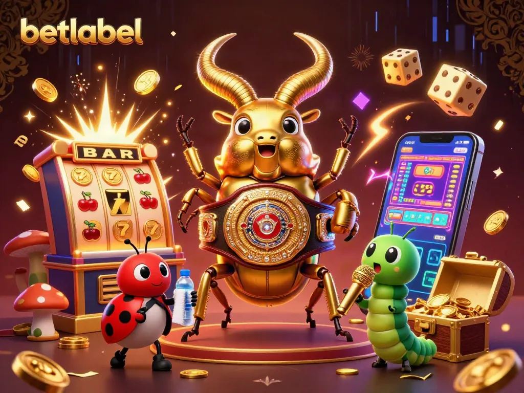 Join the excitement at Betlabel with a giant beetle boxing match surrounded by vibrant casino elements.