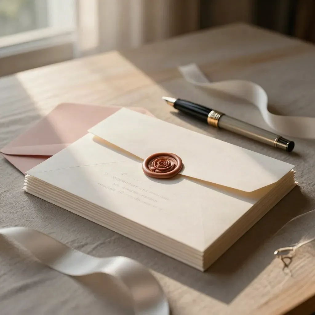 Suite de invitación nupcial con sobres, lacre rosa y pluma sobre mesa de madera clara.
