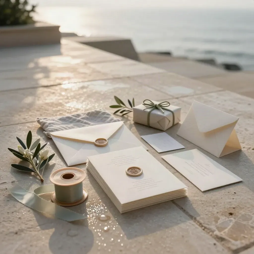 Sobre terraza de piedra, invitaciones y detalles de boda con luz dorada de madrugada.