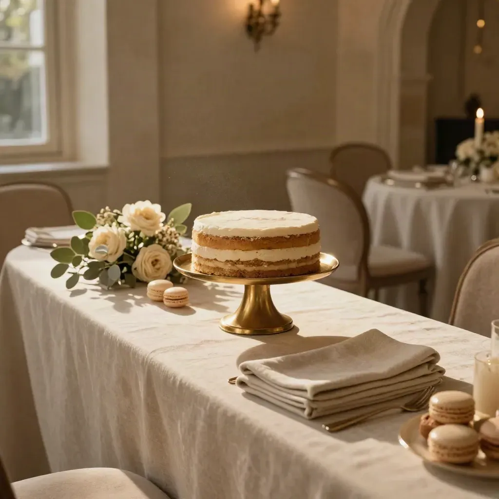 Mesa dulce elegante con tarta, velas y flores suaves en un salón cálido.