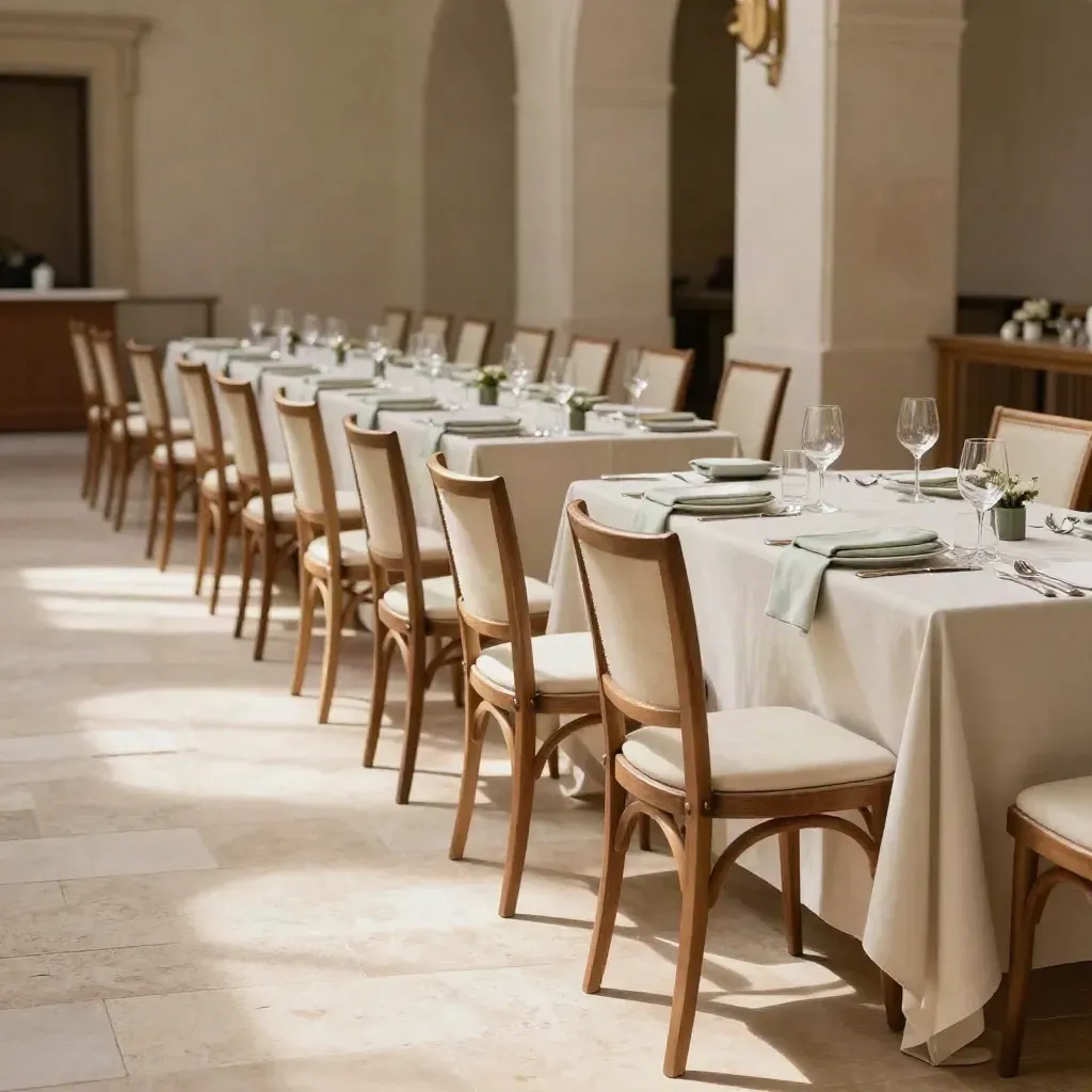 Salón de boda elegante con filas de sillas y mesas preparadas, en calma antes de abrirse