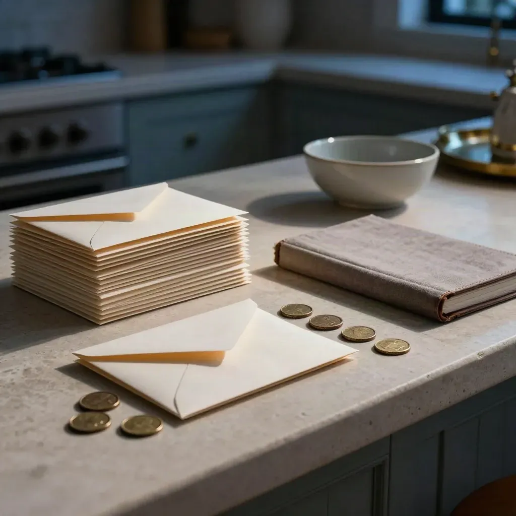 Sobres, monedas y cuaderno cerrado sobre una encimera de piedra en luz de atardecer.