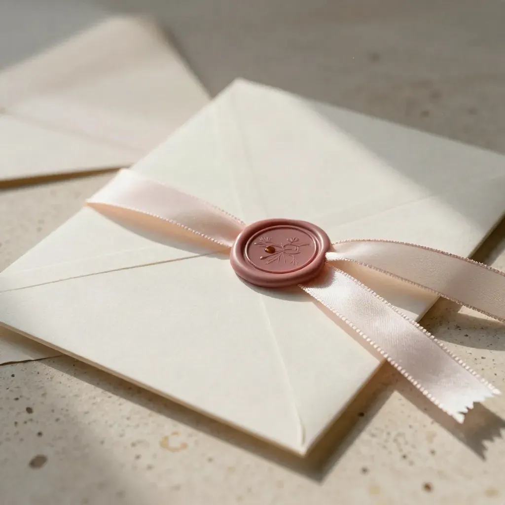 Detalle macro de invitaciones de boda secándose sobre yeso travertino con cinta rosa y sello de cera.