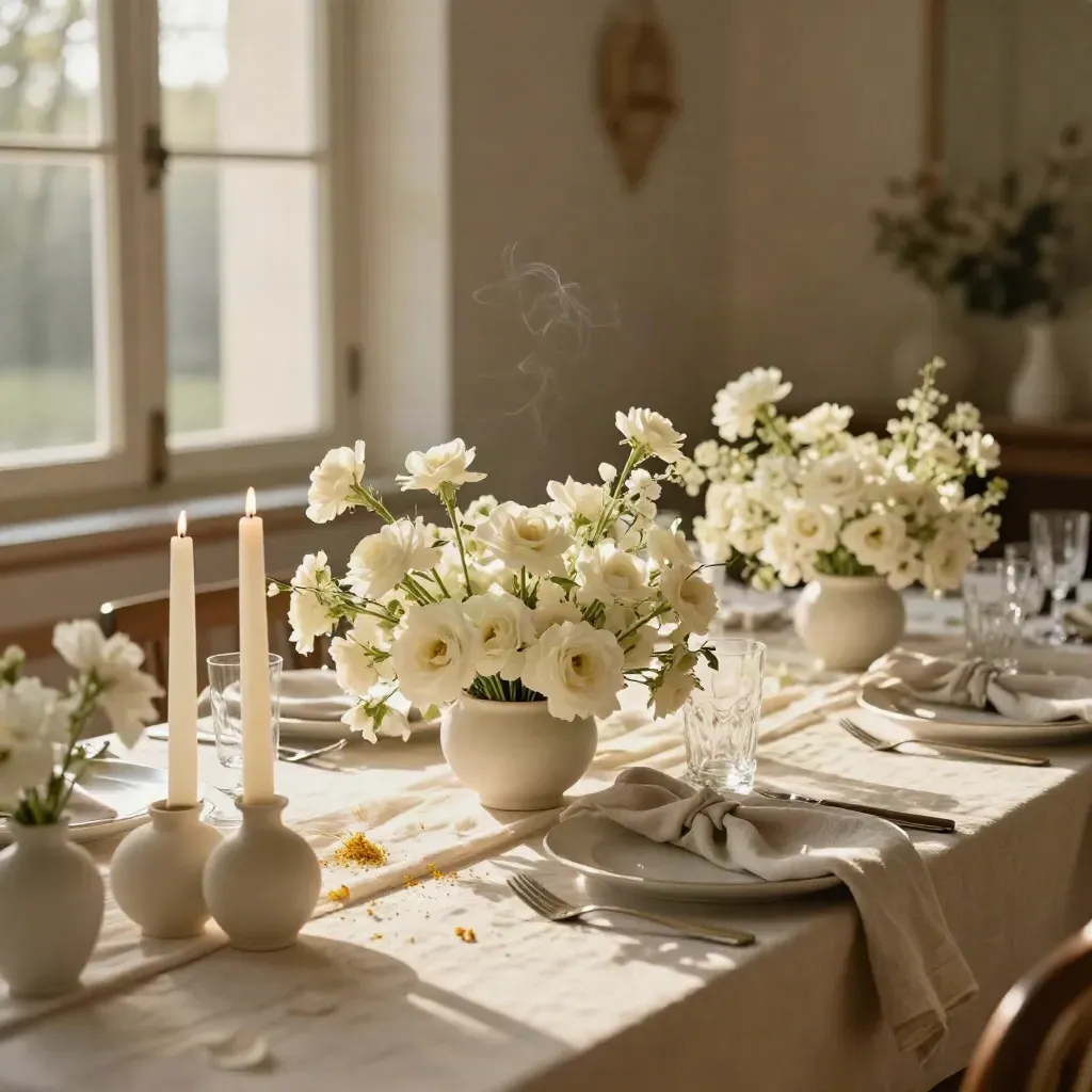 Mesa nupcial sencilla con flores bajas, velas y cerámica en un salón luminoso