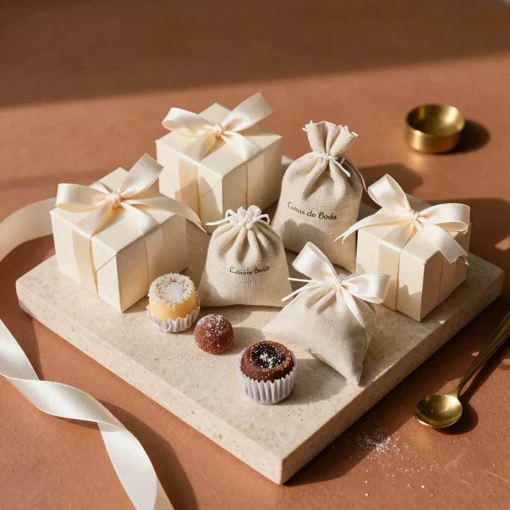 Detalles de boda: cajitas, dulces y saquitos de lino sobre una bandeja, con una cinta dorada