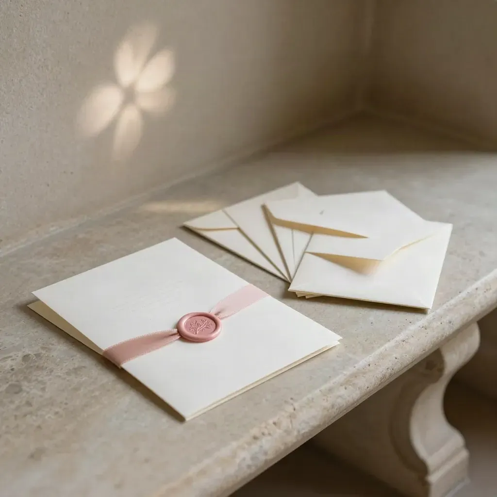 Suite de papelería de boda sobre banco de piedra con luz dramática y tono rosa suave.