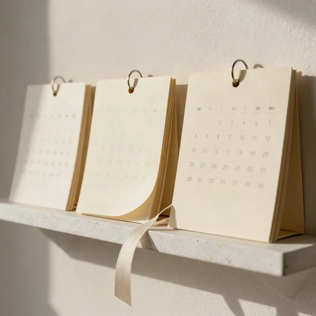 Calendario de boda en papel marfil sobre una repisa de yeso y travertino.