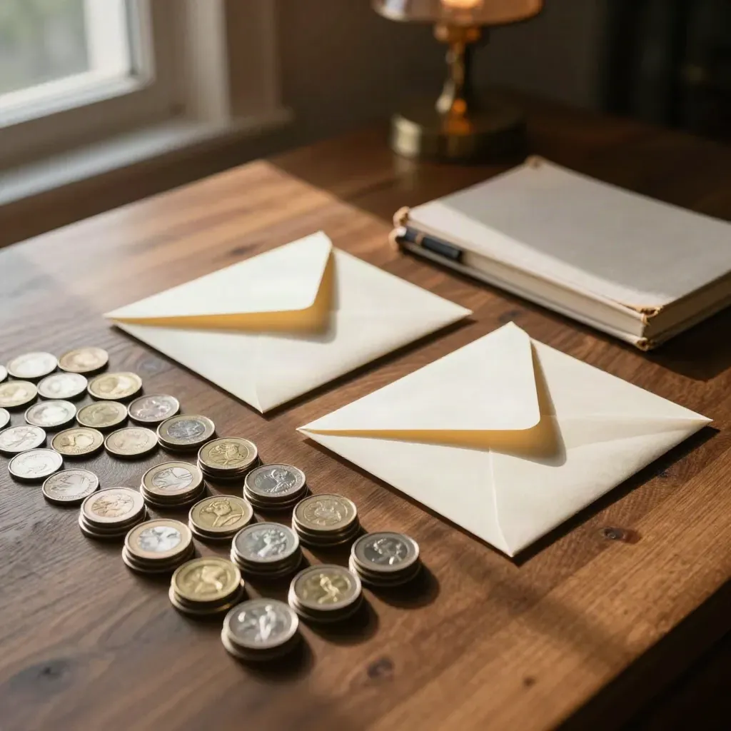 Monedas, sobres marfil y una muestra de piedra sobre una mesa de madera cálida, con luz ámbar.