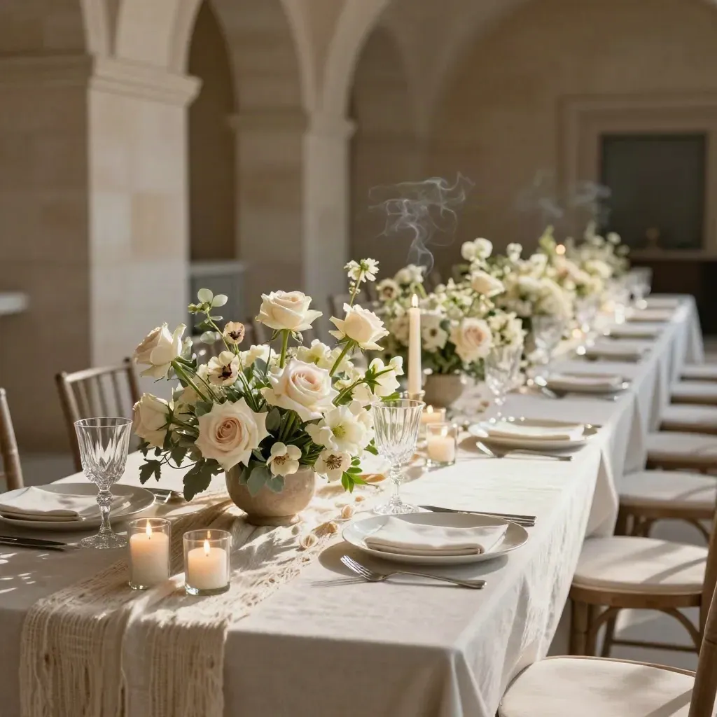 Mesa nupcial con flores suaves, velas y copas en un salón claro y elegante.