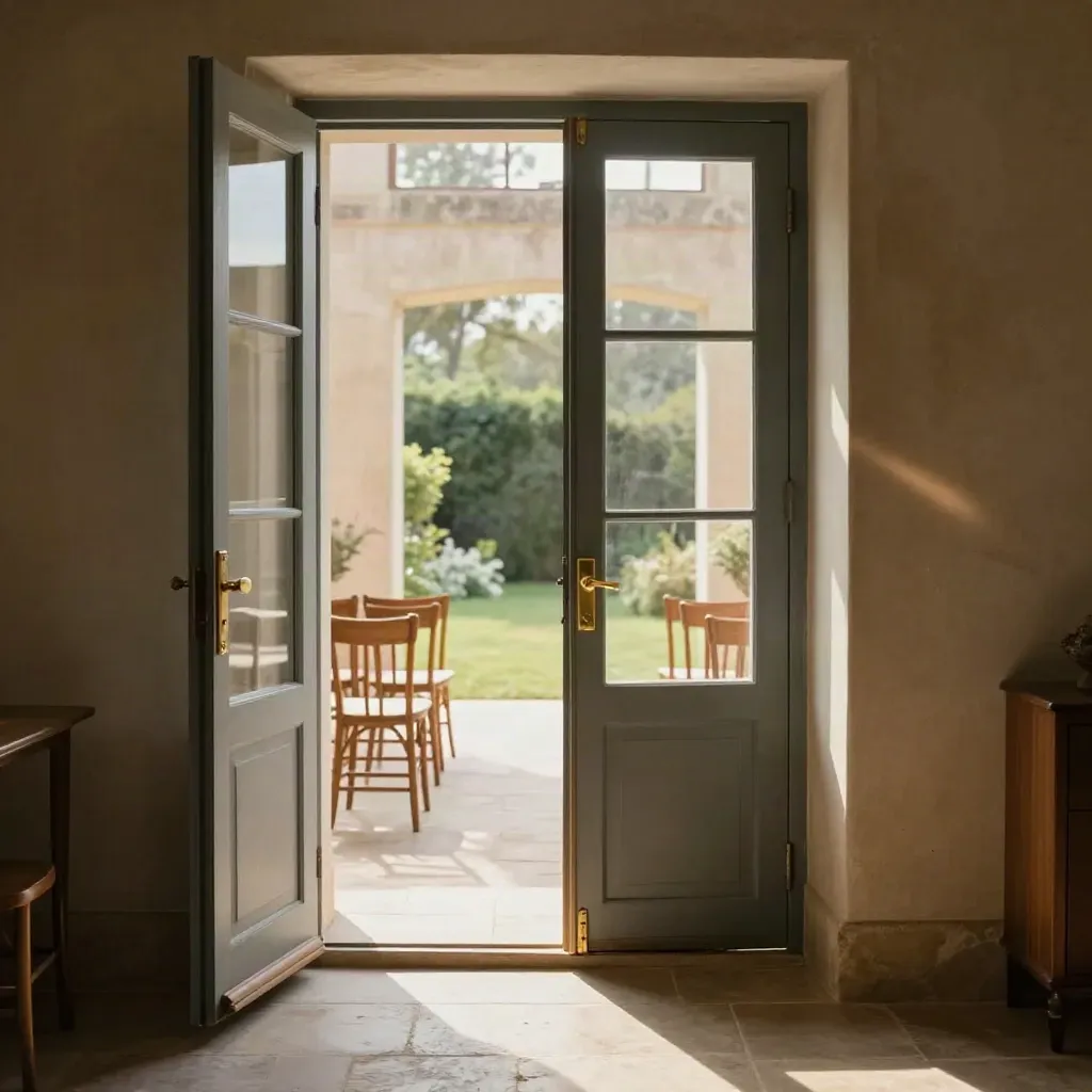 Puertas abiertas a una terraza nupcial con sillas vacías y luz cálida en una finca.