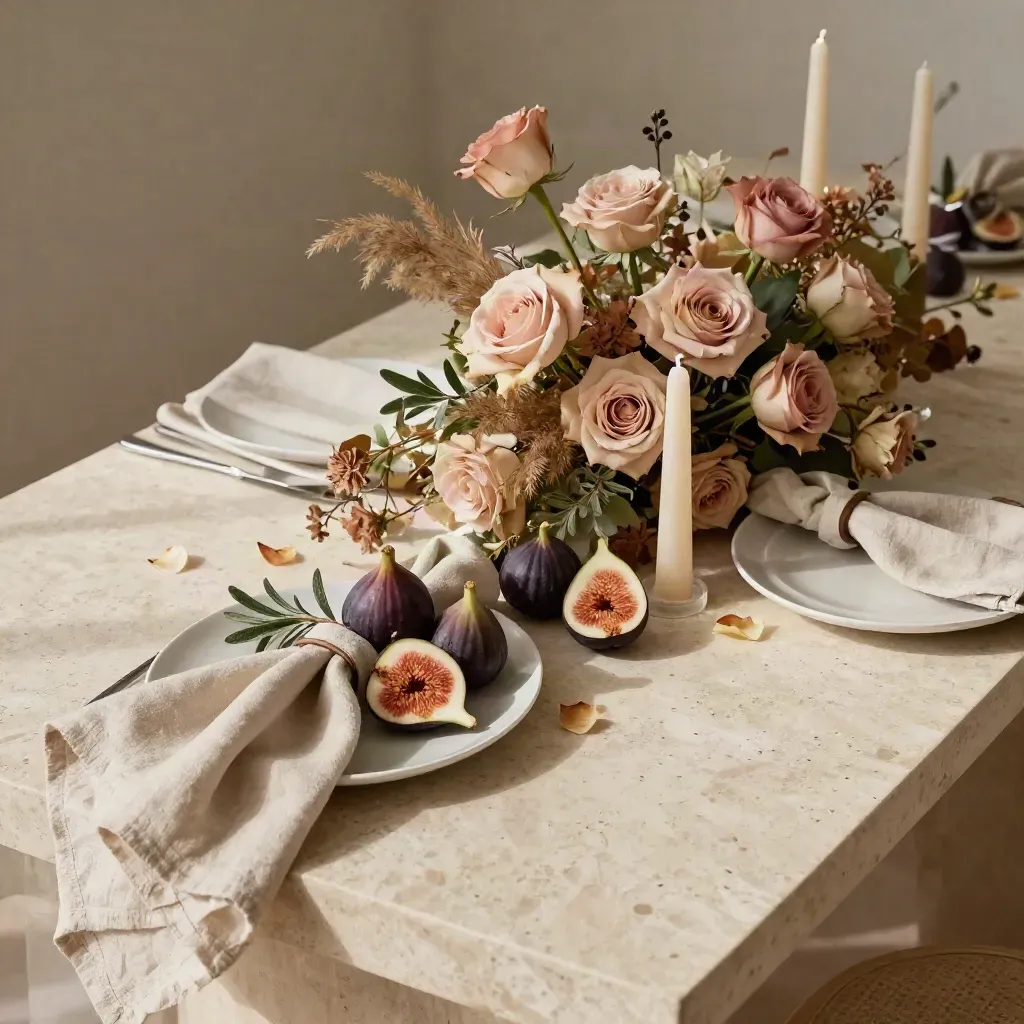Mesa nupcial otoñal con higos, flores secas, velas y servilletas de lino sobre piedra clara.