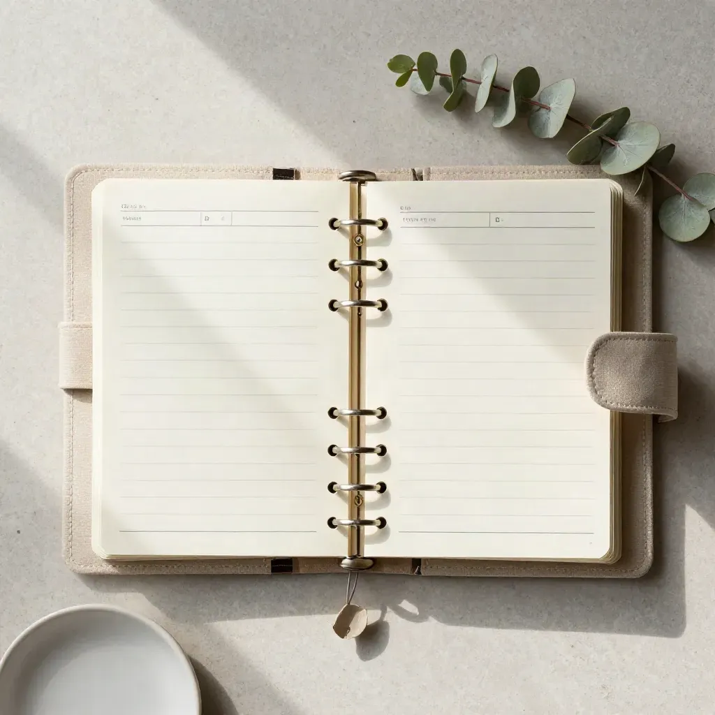 Planner de boda abierto con checklist y eucalipto sobre piedra clara.