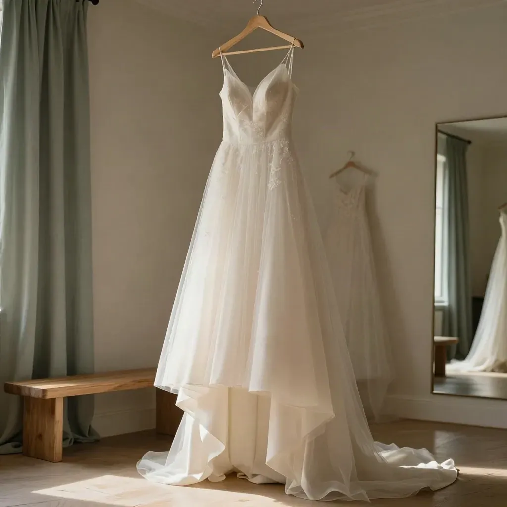 Vestido de novia colgado en un probador soleado, con tules suaves y luz cálida.