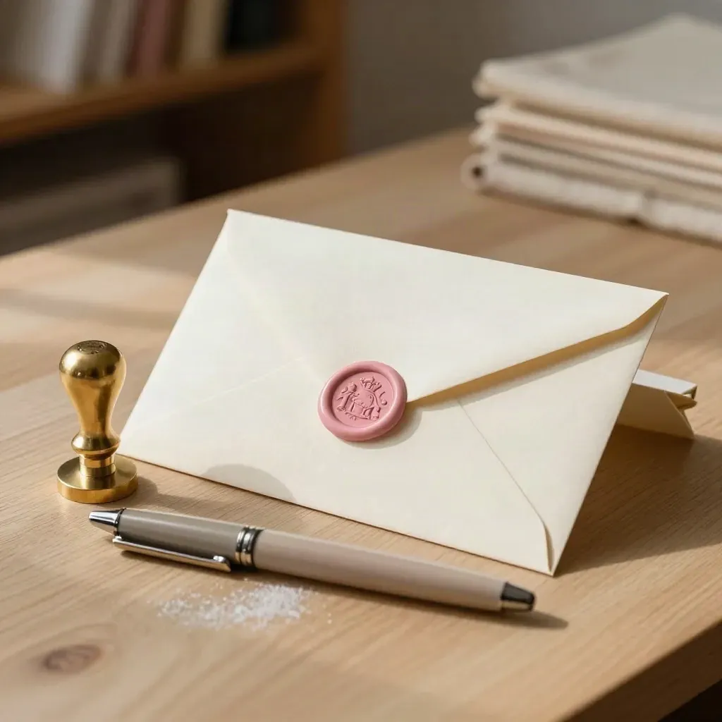Sobre de invitación sellado con lacre rosa, tarjeta plegada y sello en un escritorio de roble claro.