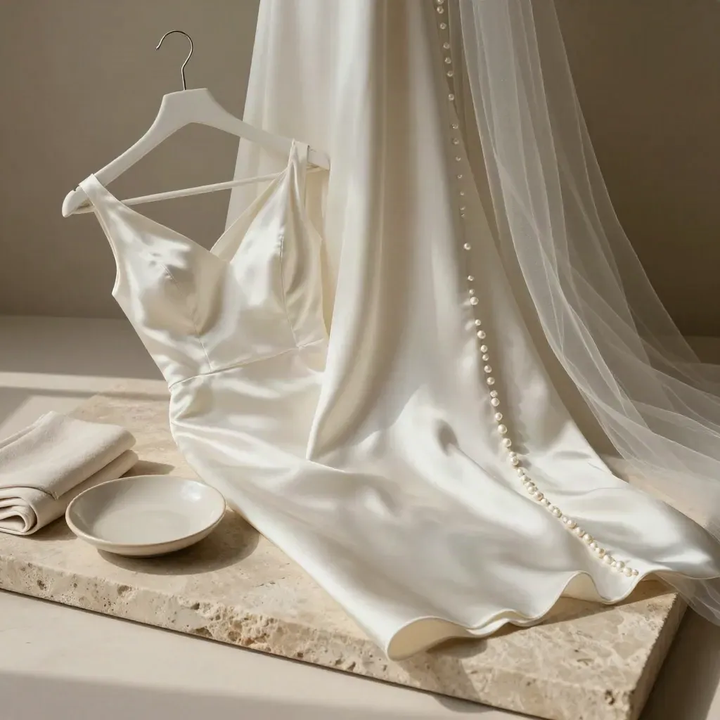 Vestido de novia y traje en una composición minimalista con tela, botones y cerámica.