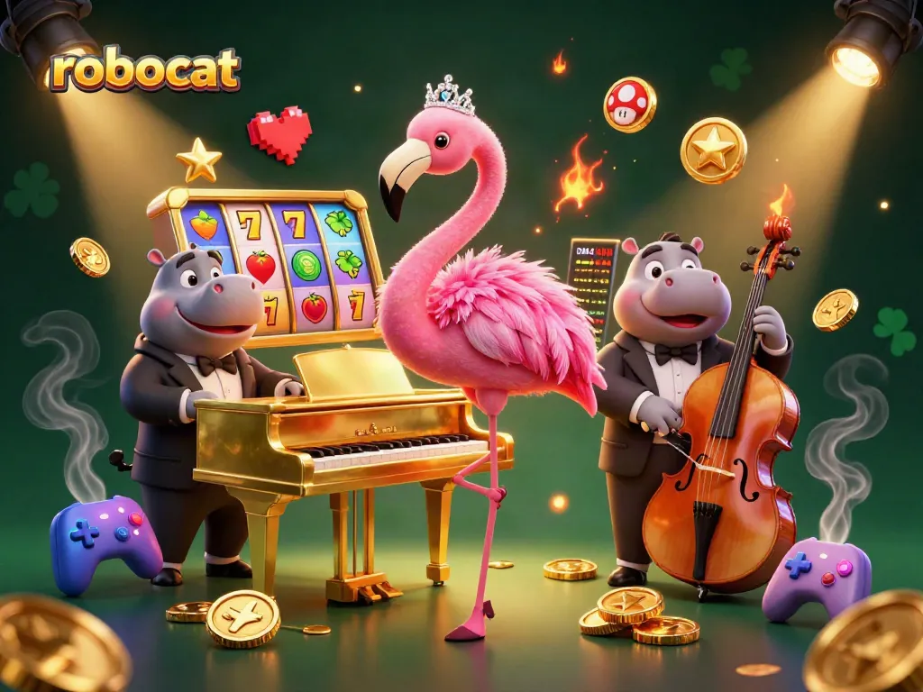 Experience gaming excitement at Robocat Casino with slots and vibrant characters in a dazzling scene.