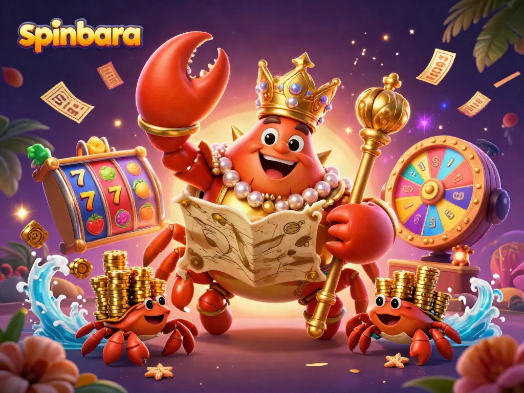 Spinbara casino illustration showcasing a golden crab emperor amid spinning slot reels and vibrant game elements.
